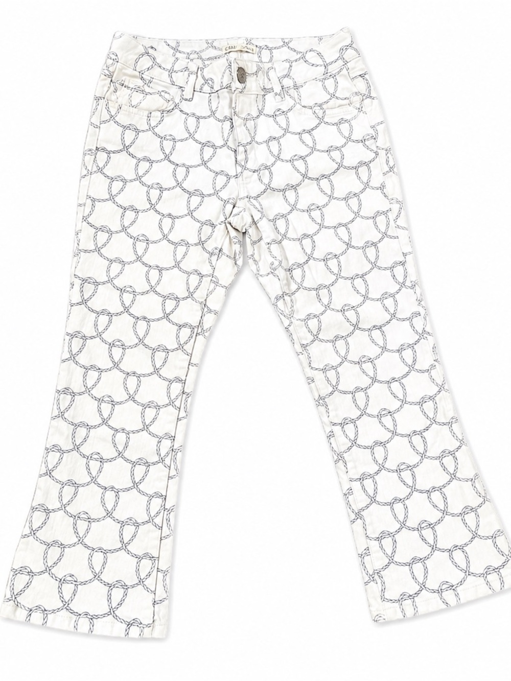CAbi Rope Print Cropped Kick Flare Jeans Size 6 Coastal Chic Stretch Pants